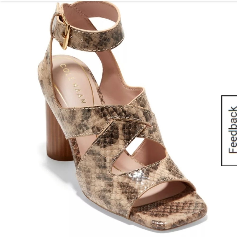 Cole Haan Taupe Snakeskin Ankle-Strap Block Heel Sandal